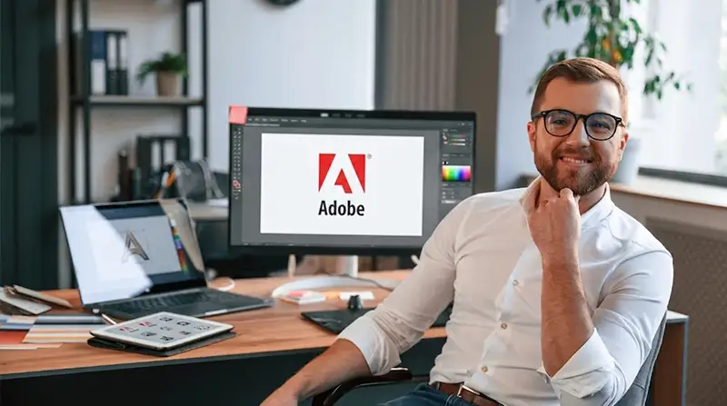 A guy sitting on a chair and desktop screen showing Adobe logo